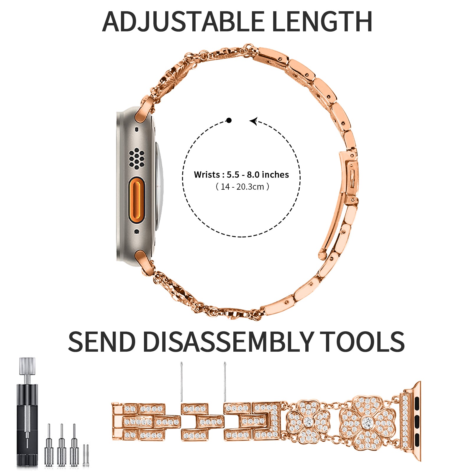 For Apple Watch Ultra Ultra 2 49mm Series 9 8 7 45mm 6 5 4 SE SE (2022) (2023) 44mm 3 2 1 42mm Watch Band Rhinestone Clover Watch Metal Strap For Apple Watch Ultra Ultra 2 49mm Series 9 8 7 45mm 6 5 4 SE SE (2022) (2023) 44mm 3 2 1 42mm Watch Band Rhinestone Clover Watch Metal Strap